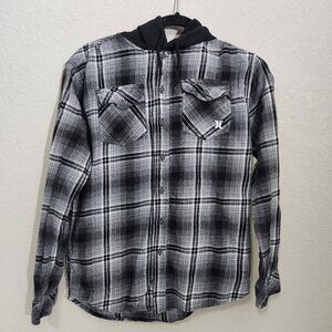 Hurley Flannel Shirt Mens Small Hoodie Black Gray Plaid Long Sleeve Skate Street